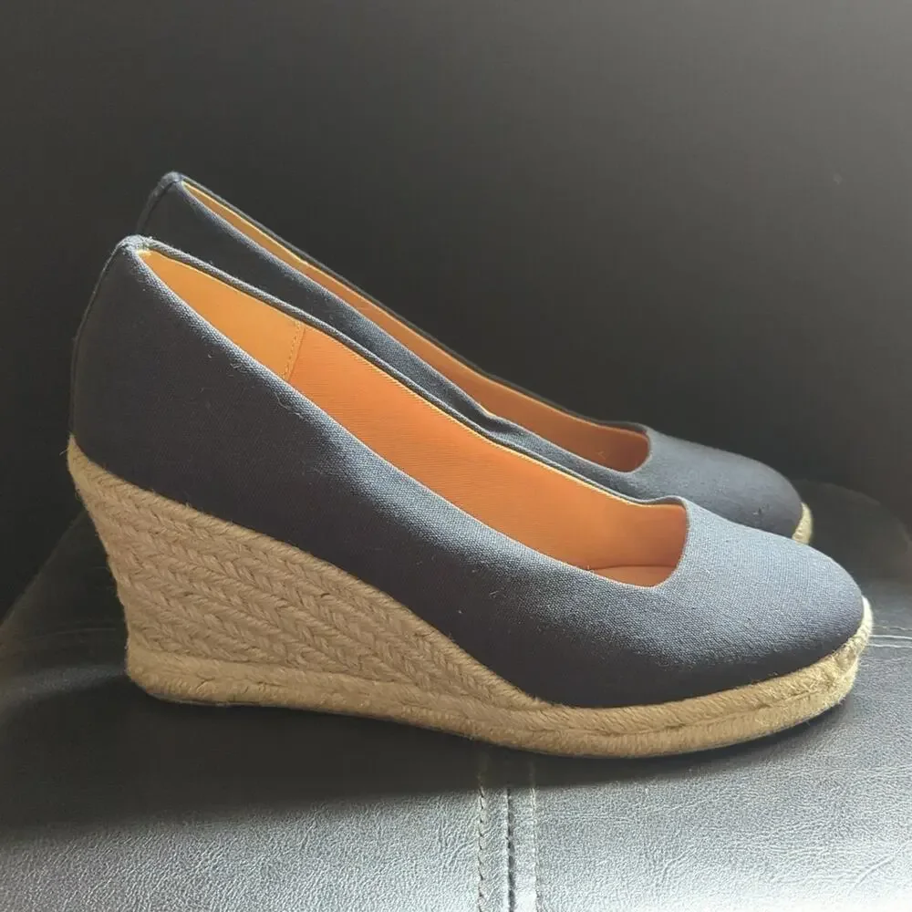 J Crew Classic Navy Blue Seville Slip On Preppy Summer Espadrille Wedges